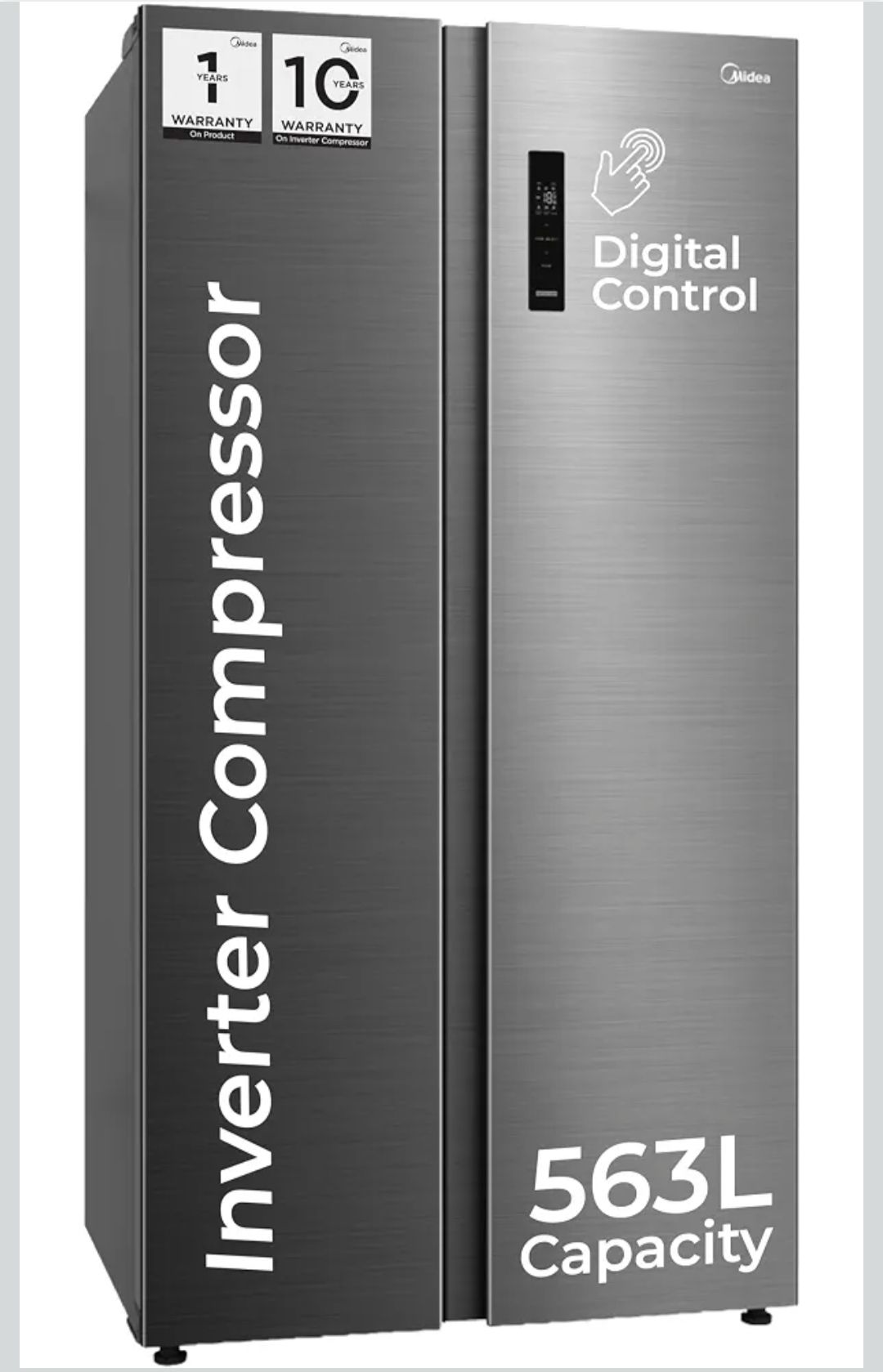 Midea 563 L Inverter Compressor with Multi Air Flow Cooling, Digital Display, Side by Side Refrigerator (MDRS710FGF46, Portable Ice Maker, Frost Free, Bru-Steel Finish)