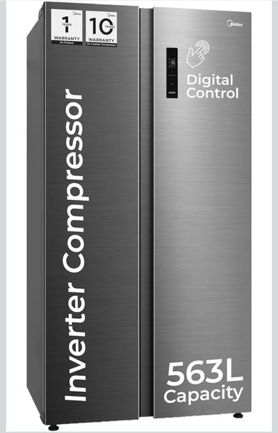 Midea 563 L Inverter Compressor with Multi Air Flow Cooling, Digital Display, Side by Side Refrigerator (MDRS710FGF46, Portable Ice Maker, Frost Free, Bru-Steel Finish)