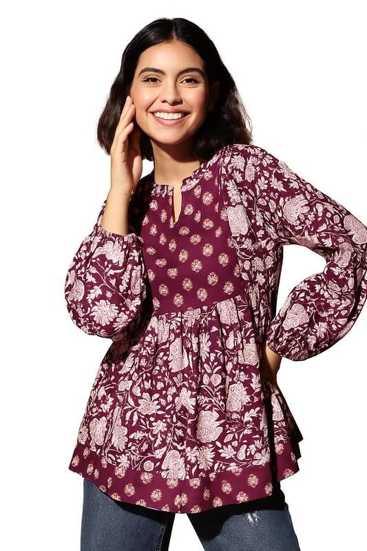 THE DRY STATE Women's Floral Peplum Tunic with Contrast Yoke Panel at Front