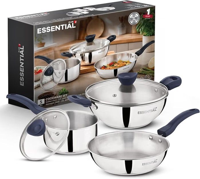 Bergner Essential Plus Stainless Steel 5 Pcs Cookware Set - 22cm/2.5L Kadai with Lid, 22cm Frypan, 16cm/1.5L Saucepan with Lid