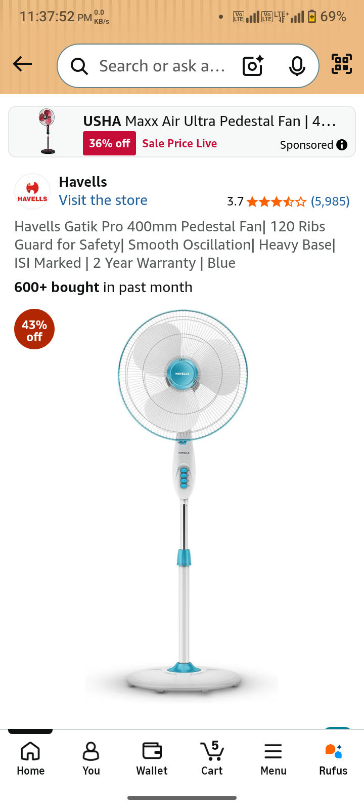 Havells Gatik Pro 400mm Pedestal Fan| 120 Ribs Guard for Safety| Smooth Oscillation| Heavy Base| ISI Marked | 2 Year Warranty | Blue