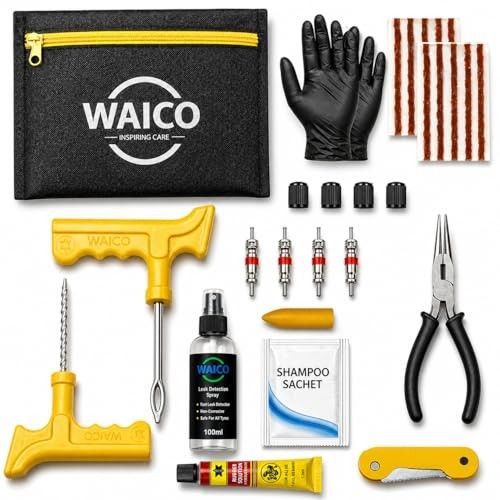 WAICO 13 in 1 Tubeless Tyre Puncture Kit | Reamer, Probe,10-Rubber Strips, Gloves, Plier, Knife, Sloution, Chalk, Spray Bottle, Storage Bag, | Emergency Flat Tire Repair Tools for Car, Bike, & SUVs