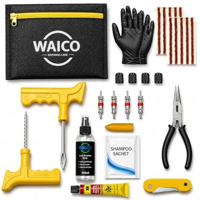 WAICO 13 in 1 Tubeless Tyre Puncture Kit | Reamer, Probe,10-Rubber Strips, Gloves, Plier, Knife, Sloution, Chalk, Spray Bottle, Storage Bag, | Emergency Flat Tire Repair Tools for Car, Bike, & SUVs