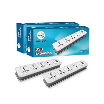 Wipro USB Extension Cord with 2 mtr Cord Length | 3 Universal Socket and 2 USB Port Spike Guard | Child Safety | Auto Cutoff | Fire Resistant, Pack of 2