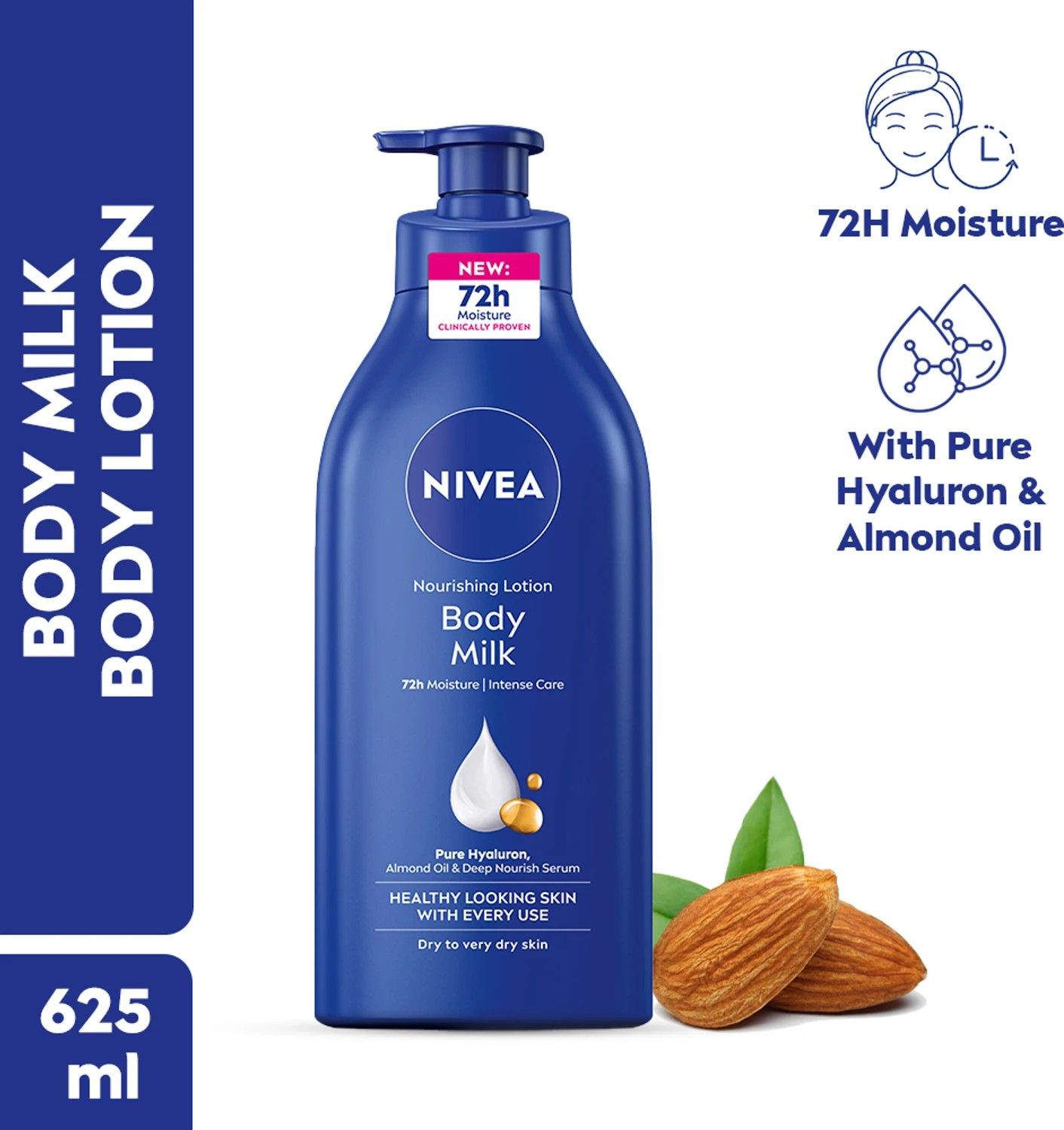 NIVEA Nourishing Body Milk with 72H Moisture, Hyaluron & Almond Oil (625 ml)