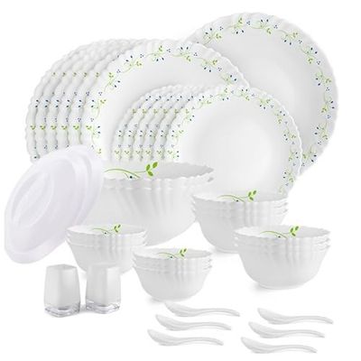 CELLO Tropical Lagoon Dazzle Series Opalware Dinner Set of 37 Pieces For Family of 6 Microwave & Dishwasher Safe Plates & Bowls Crockery Set For Dining & Gifting