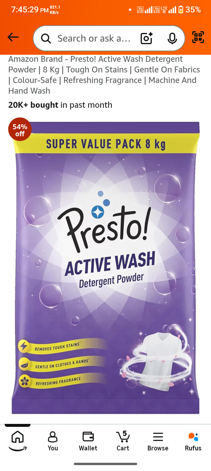 Amazon Brand - Presto! Active Wash Detergent Powder | 8 Kg | Tough On Stains | Gentle On Fabrics | Colour-Safe | Refreshing Fragrance | Machine And Hand Wash