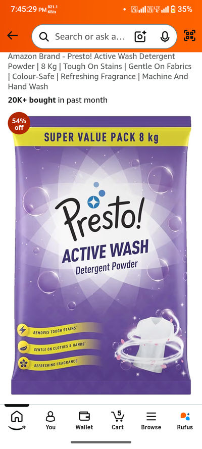 Amazon Brand - Presto! Active Wash Detergent Powder | 8 Kg | Tough On Stains | Gentle On Fabrics | Colour-Safe | Refreshing Fragrance | Machine And Hand Wash