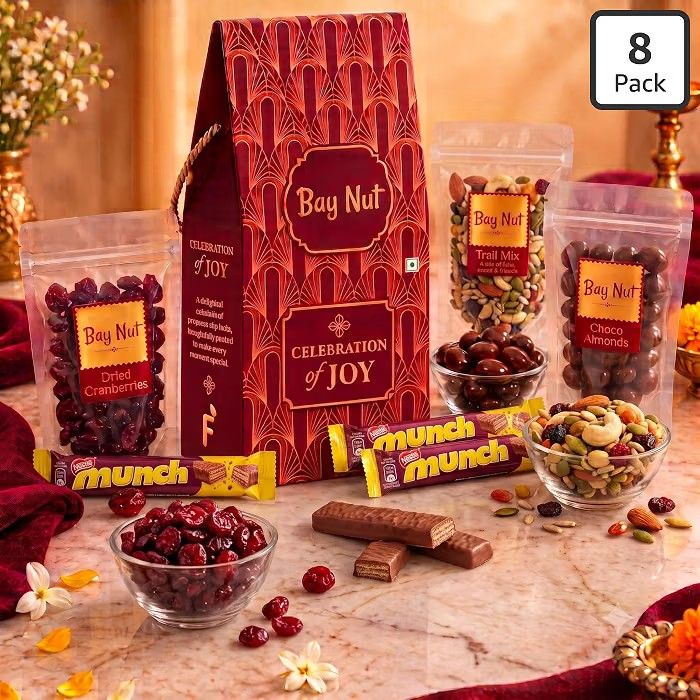Bay Nut diwali Gift Hamper with cranberries, chocoalmond,trail mix 100gm each and 3 choclates