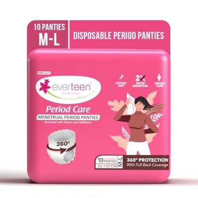 everteen Period Care M-L Disposable Period Panties For Women, Cottony Soft, Menstrual Sanitary Pads Panty Enriched with Goodness of Neem and Safflower - 1 Pack (10 Panties) 2x Faster Absorption, 360° Protection