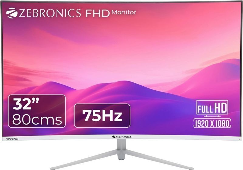 ZEBRONICS 80.0 cm (32 Inch) Curved Full HD LED Backlit VA Panel with HDMI + VGA Dual Input, Built-in Speaker, Max 250 Nits Brightness, White Monitor (ZEB -AC32FHD LED) (Response Time: 8 ms, 75 Hz Refresh Rate