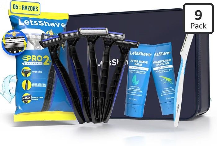 LetsShave Pro 2 Disposable Shaving Kit For Men, Pack of 5 Razors + 1 Pro Styler + 1 Transparent Shave Gel 30ml + 1 After Shave Balm 30ml & Travel Pouch, Razor for Men, Shaving Kit