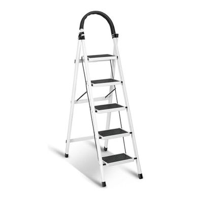 Sulfar Foldable 5-Step Ladder With Wide Anti-Slip Pedal - Sturdy Steel Folding Step Stool for Home, Kitchen, Garden, Office - Adults