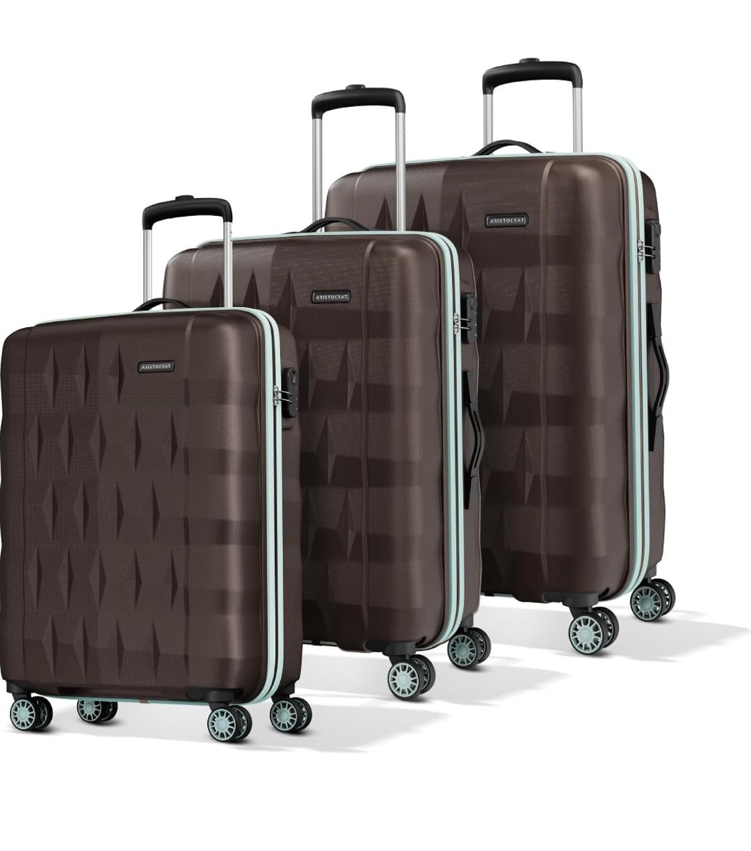 Aristocrat Comet Set of 3 (Cabin+Medium+Large) Hard Case Trolley Bags,Brown 8-Wheels, Durable Case, Spacious, Combination Lock, Sturdy Zipper, Lightweight Travel Luggage, 3-Year Global Warranty