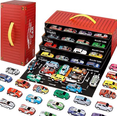 48 Pull Back Race Cars for Kids | Die Cast Metal | Container Storage Box | Age 3-8 | Boys Girls