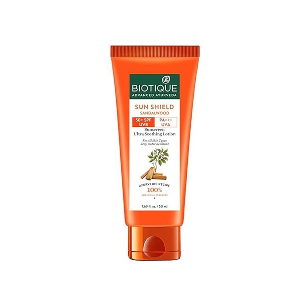 Biotique Bio Sandalwood Sunscreen Ultra Soothing Face Lotion, SPF 50+ |Ultra Protective Lotion| Keeps Skin Soft, Fair and Moisturized| Water Resistant| For All Skin Types| 50ml