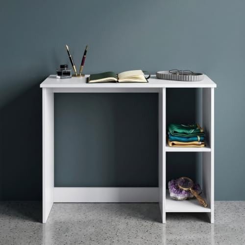 Luna Compact Study Table & Vanity Desk with 2-Tier Side Shelves - Modern Space-Saving Workstation for Bedroom | Premium Engineered Wood, Frosty White (80 x 40 x 75 cm)
