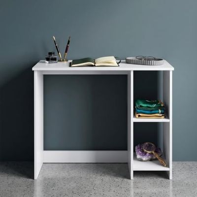 Luna Compact Study Table & Vanity Desk with 2-Tier Side Shelves - Modern Space-Saving Workstation for Bedroom | Premium Engineered Wood, Frosty White (80 x 40 x 75 cm)