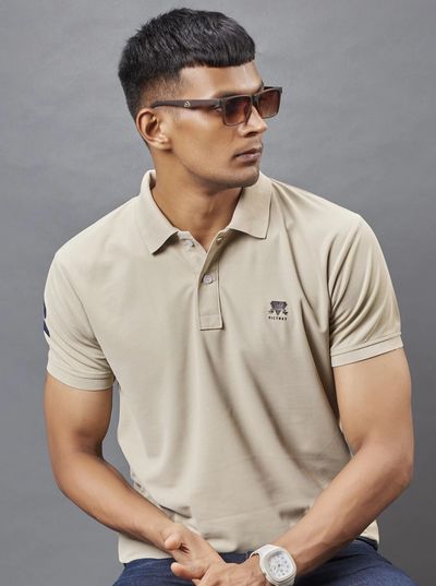 3BROS Men Solid Polo Neck Polyester Beige T-Shirt