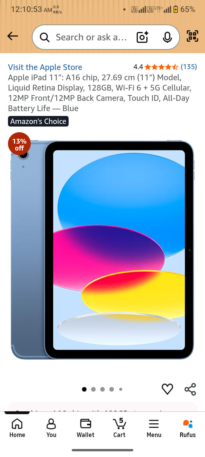 Apple iPad 11″: A16 chip, 27.69 cm (11″) Model, Liquid Retina Display, 128GB, Wi-Fi 6 + 5G Cellular, 12MP Front/12MP Back Camera, Touch ID, All-Day Battery Life - Blue