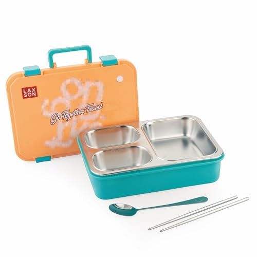 ATTRO Fun Bite Stainless Steel Lunch Box - 3 Compartment Bento Tiffin, Leak-Proof & Durable, Ideal for Kids & Adults, School, Office, Travel, Meal Prep, with Cutlery - 850-Orange Blue