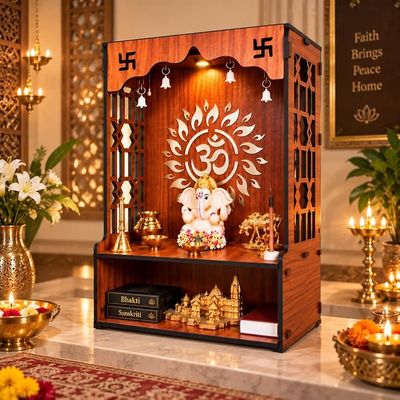 Anchara Wooden Temple for Home | Handcrafted Pooja Mandir | Wall Mounted Mandir for Pooja Room | (H- 15.5, L- 11.5, W-11 Inch)