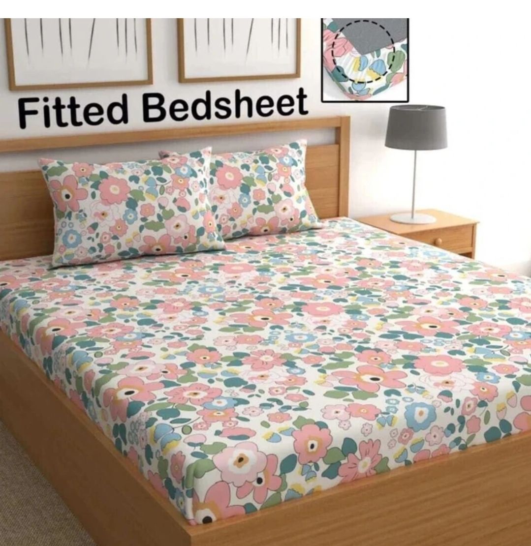 Decent Home Cotton Double Fitted (Elastic) 240 TC Floral 1 Bedsheet with 2 Pillow Covers