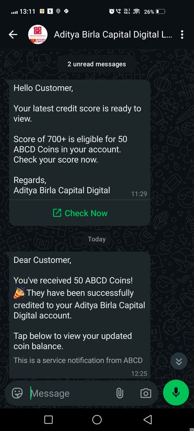 ABCD app 50 coins on having credit score above 700