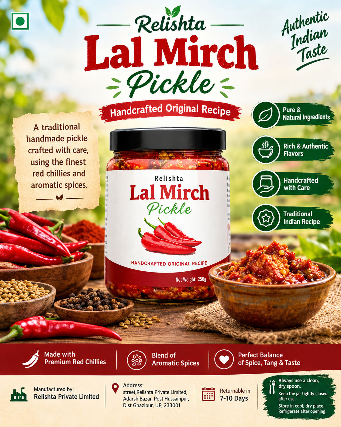 Relishta Lal Mirch Pickle | Authentic Handmade Indian Achar