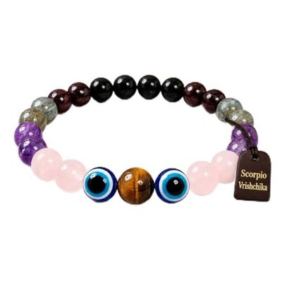 Vrishchika (Scorpio) Rashi Crystal Bracelet | Black Obsidian & Amethyst Healing Stone Bracelet for Men & Women