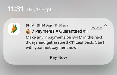 BHIM UPI: Flat ₹11 cashback on 7 transaction of ₹20