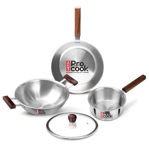 Milton Pro Cook Triply Stainless Steel 4 Pc Cookware Set | 24cm Kadai with Lid, 22cm Frypan, 16cm Tea Pan | Induction & Gas Compatible