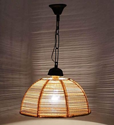 tu casa Offwhite Bamboo Shade with Black Metal-Iron Base Hanging Lamps/Pendent Light | Modern Pendant Ceiling Lamp for Home, Café, Restaurant, Bar & Office Décor (Height- Inch/No Blub Included)