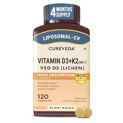 Cureveda Liposomal Vitamin D3 600 IU + Vitamin K2-7 & Turmeric, 120 Tablets [₹300 Coupon]