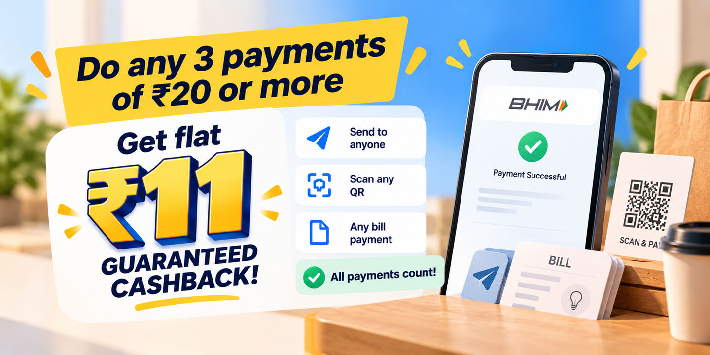 Make any 3 payments of 20 or more on BHIM and get 11 guaranteed cashback