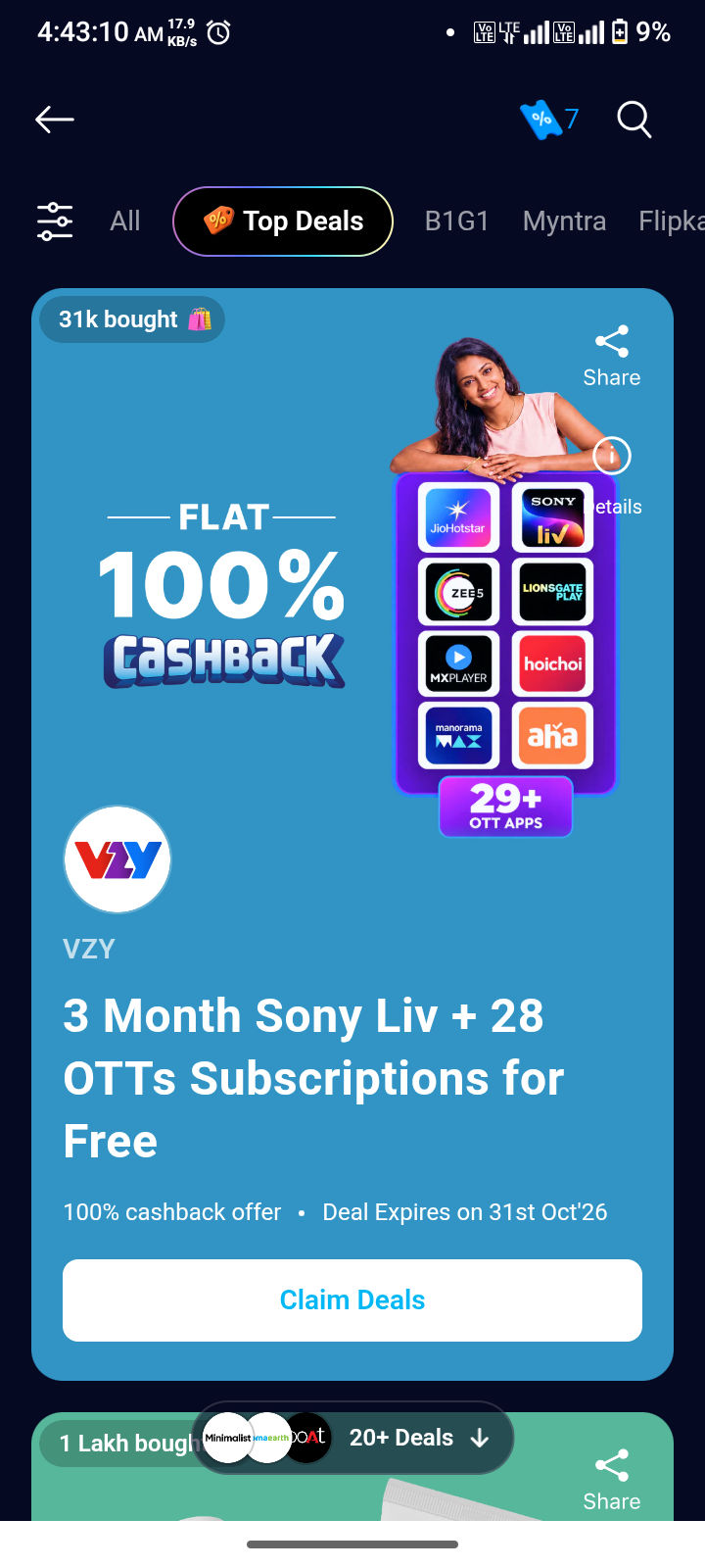 Paytm VZY: 3 Month Sony Liv + 28 OTTs Subscriptions for Free from VZY