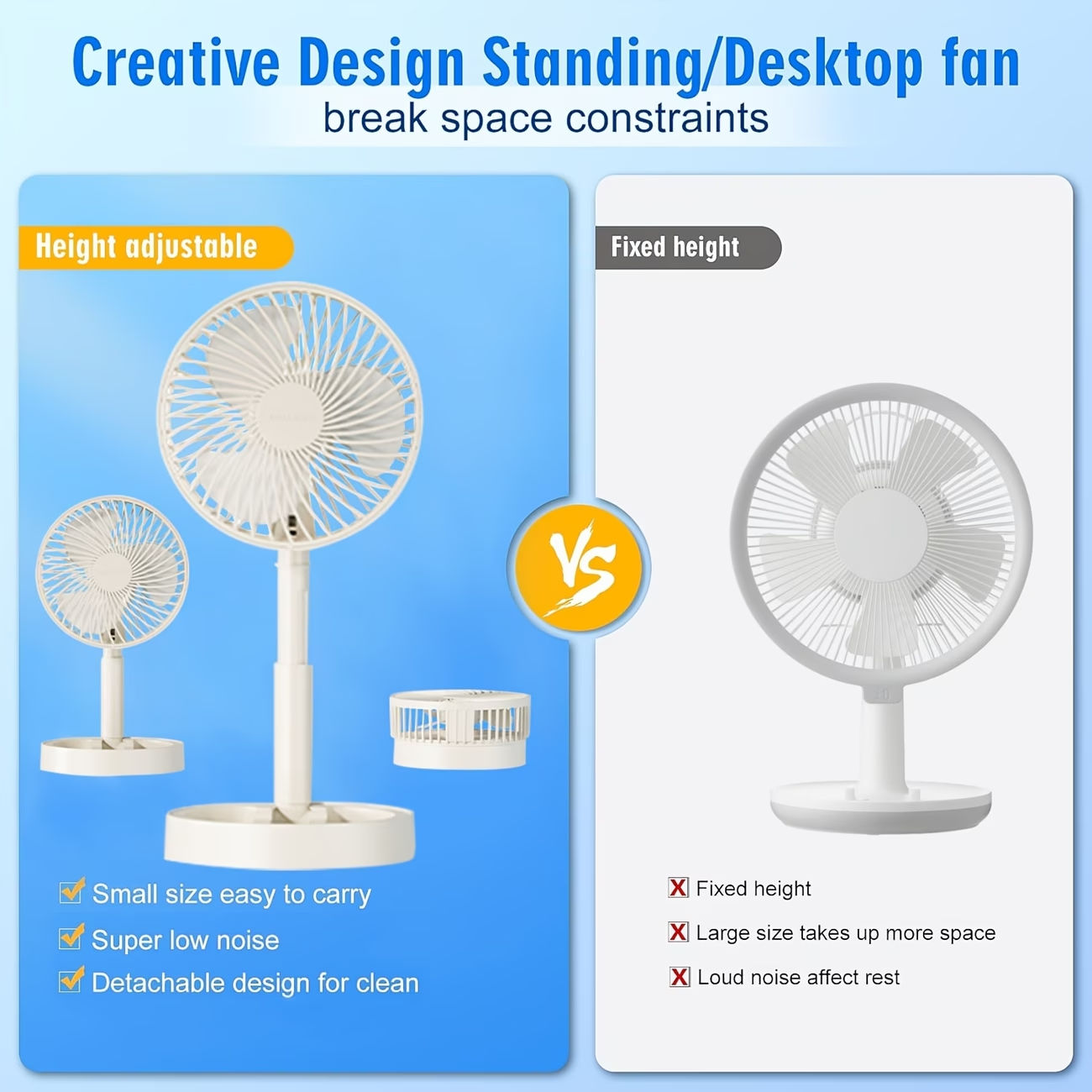A Foldable, Height-adjustable Telescopic Desktop Fan with a Built-in Stand. Plug-and-play and Highly Portable, It Is Perfect for Indoor, Outdoor, and Travel Use, an Ideal Choice for Bedrooms, Dormitories, Offices, and More!