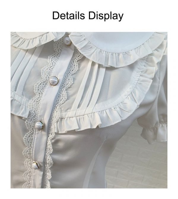Pleated Lace Blouse Short Sleeves Lolita Tops Folded Button