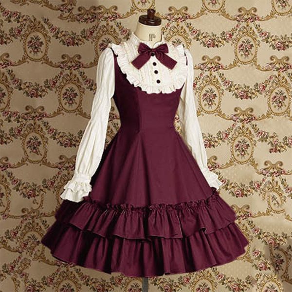 Vintage Slim Cotton Dress Lolita Classic Mary Magdalene Women Bow Tie Ruffle Layer Princess