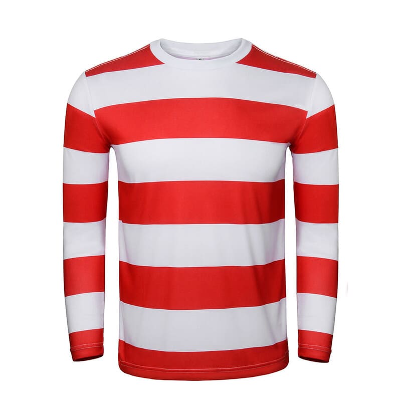 Wally Cosplay Costume for Adults Waldo Red White Striped Tee Shirt Glasses Hat