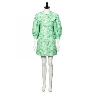 Medieval Dress for Women Fashionable Puff Sleeve Retro Style Green Color Flower Printed Mini One-piece Dresses