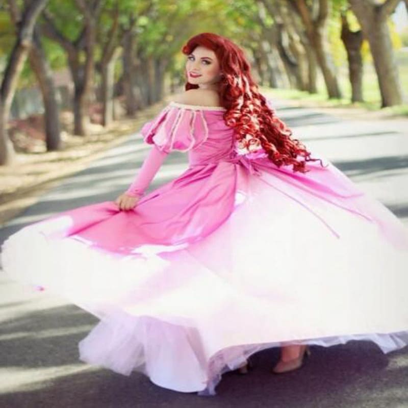 Ariel Princess Cosplay Costume Pink Dress Long Sleeve With Pearl