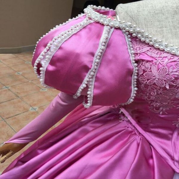 Ariel Princess Cosplay Costume Pink Dress Long Sleeve With Pearl