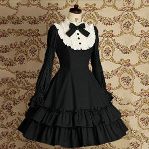 Vintage Slim Cotton Dress Lolita Classic Mary Magdalene Women Bow Tie Ruffle Layer Princess