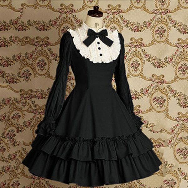 Vintage Slim Cotton Dress Lolita Classic Mary Magdalene Women Bow Tie Ruffle Layer Princess