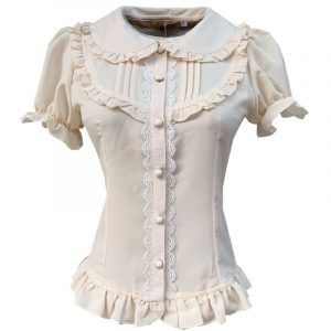 Pleated Lace Blouse Short Sleeves Lolita Tops Folded Button