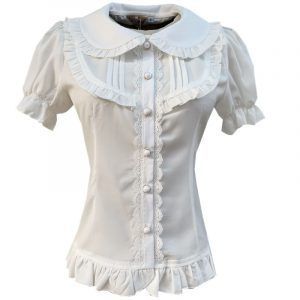 Pleated Lace Blouse Short Sleeves Lolita Tops Folded Button