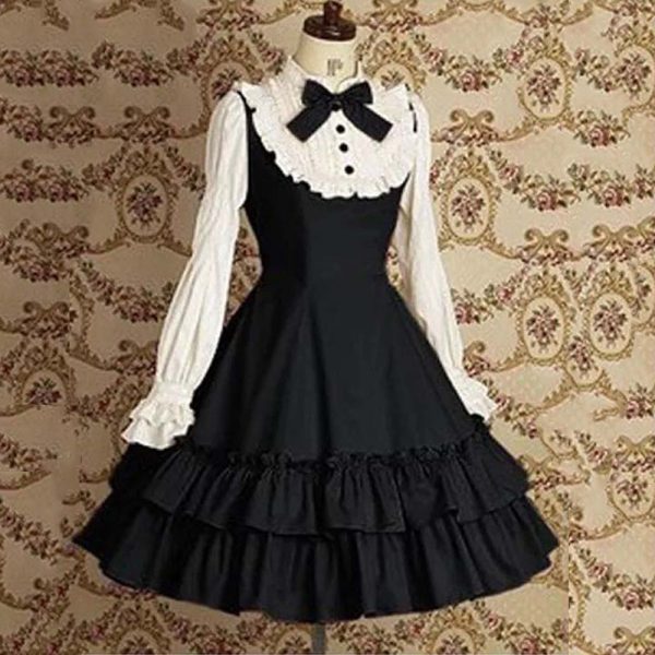 Vintage Slim Cotton Dress Lolita Classic Mary Magdalene Women Bow Tie Ruffle Layer Princess