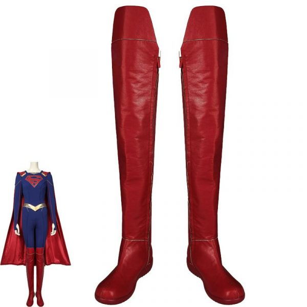 Women Super Lady Cosplay Costume Superheroine Kara Red Knee Length Boots