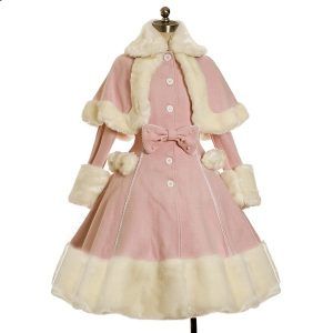 Women Lolita Autumn Coat Warm Fur Collar Bowknot Dress Jacket